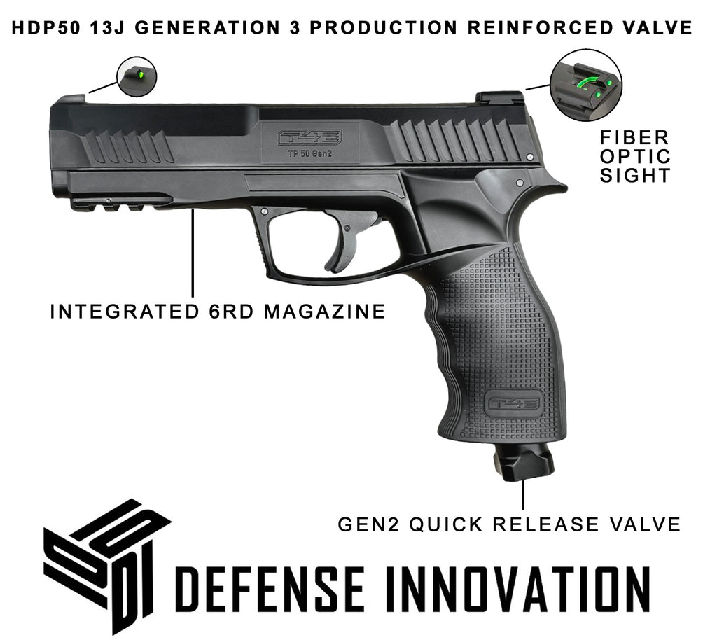 Pistola HDP50 Denfender 2026 valvula reforzada la más fuerte 485fps 13 Juls Dispara Gomas PepasPimienta y PepasPintura cal .50 de CO2 Sonido Fuerte 75% Deporte Defensa Entrenamiento 